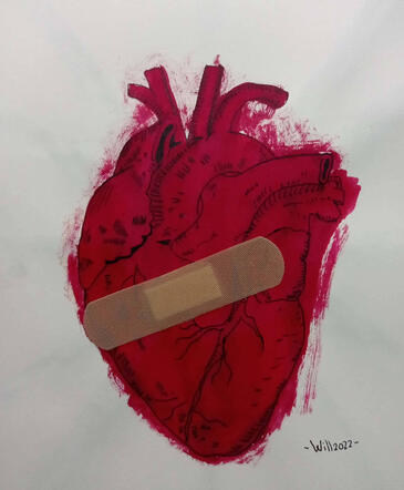 Corazón a tinta con tirita pegada